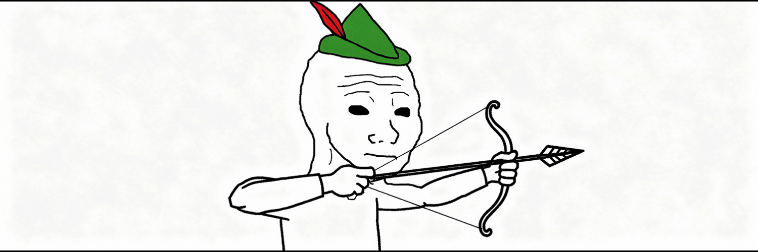 A classic black-line Wojak wearing a green Robin Hood hood with a red feather, drawing back a bow. His expression never changes.